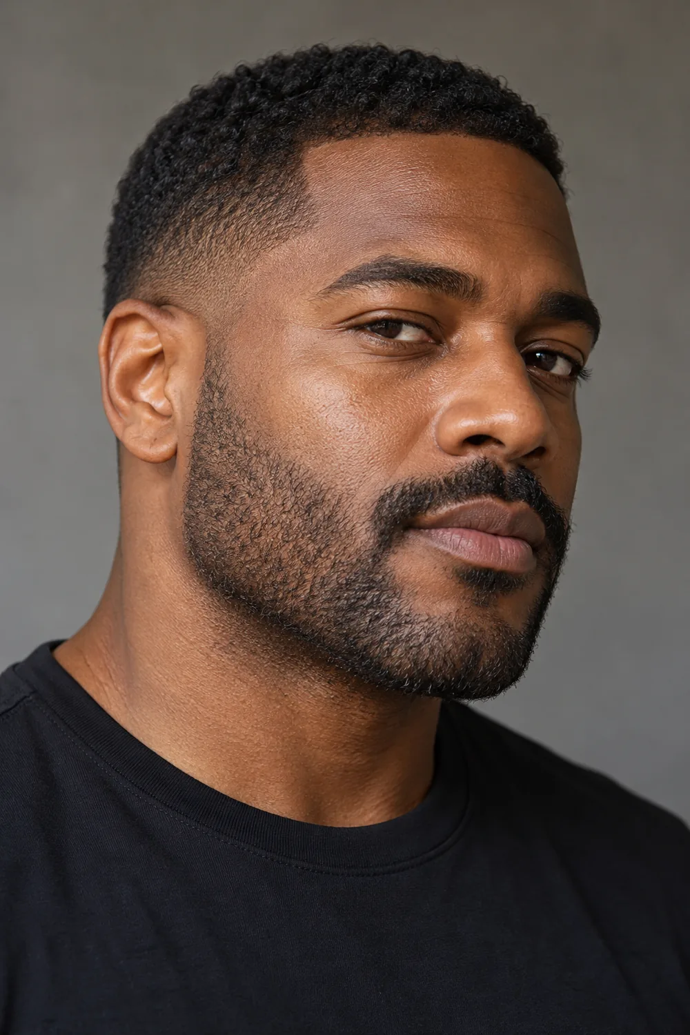 Three-quarter portrait of a fictional adult Black man with dense, short heavy stubble, a low crisp cheek line, connected close-cut mustache, and dark crew-neck shirt.
