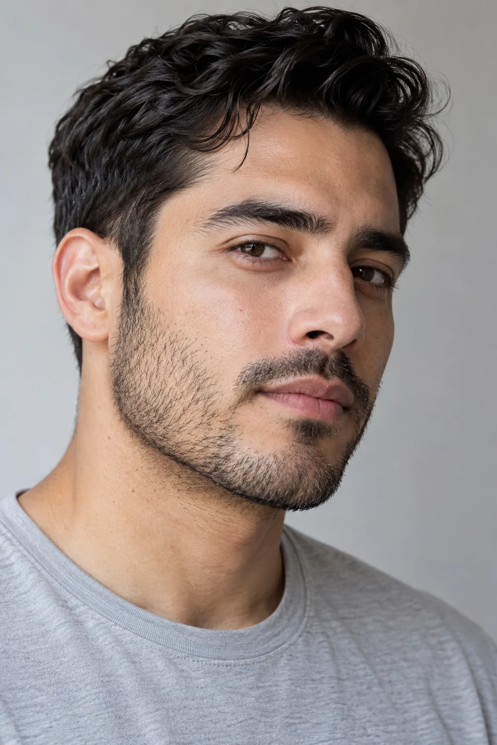 Fictional adult Latino man in a gray shirt, shown in three-quarter view with short stubble high on the cheeks, a softly feathered edge, and a connected narrow mustache.