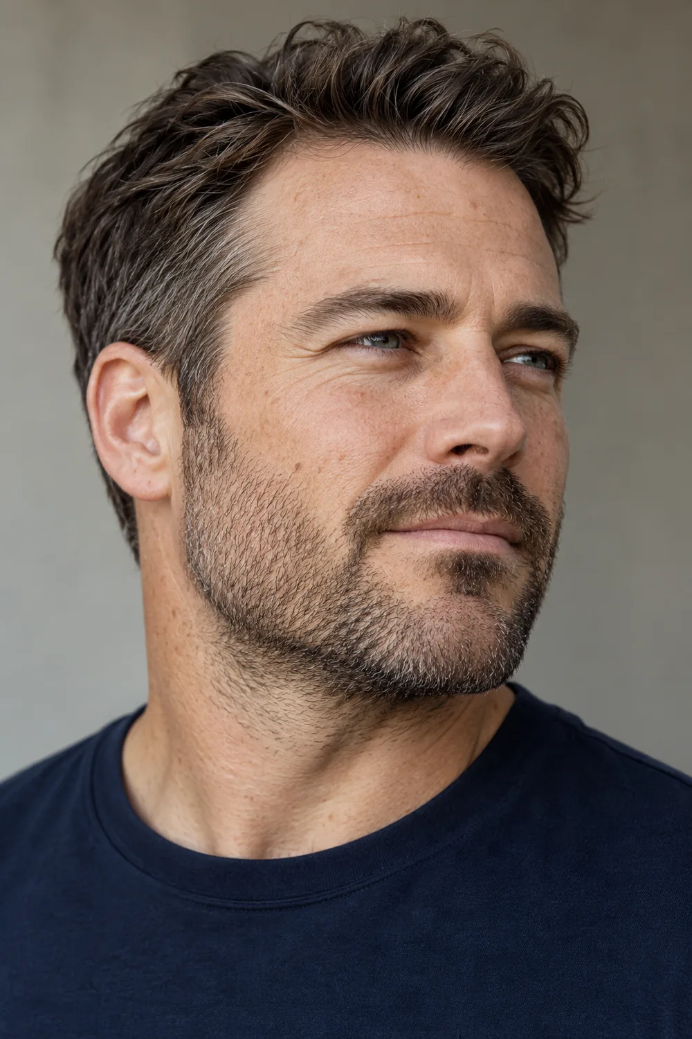 Fictional adult white man with fair freckled skin, dense short stubble, a defined jaw and rounded chin, and a neat connected mustache, wearing a navy crew-neck shirt.