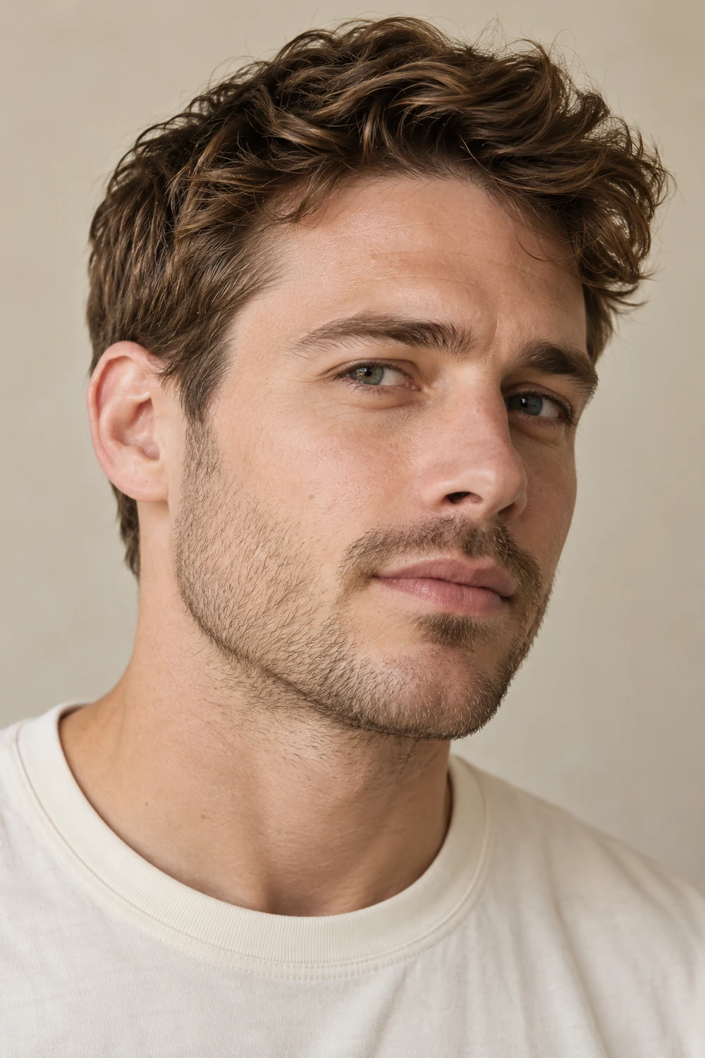 Three-quarter portrait of a fictional adult white man with fine short stubble blended from sideburns into a soft jaw outline, a connected light mustache and a cream crew-neck shirt.