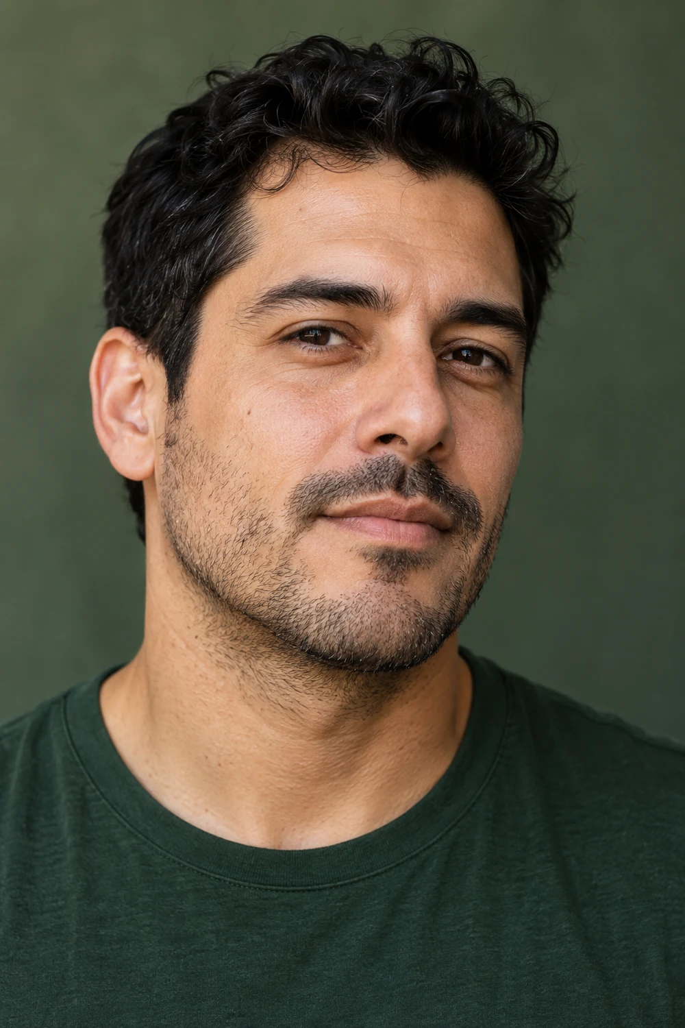 Fictional adult man with short, uneven stubble, lighter upper cheek patches, a connected mustache and denser growth at the jaw and chin, wearing a dark green shirt.