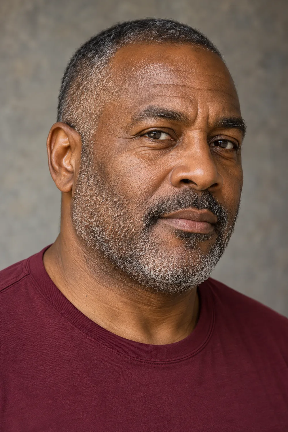 Fictional adult Black man with broad continuous salt-and-pepper stubble, softly high cheeks, connected mustache and rounded chin.