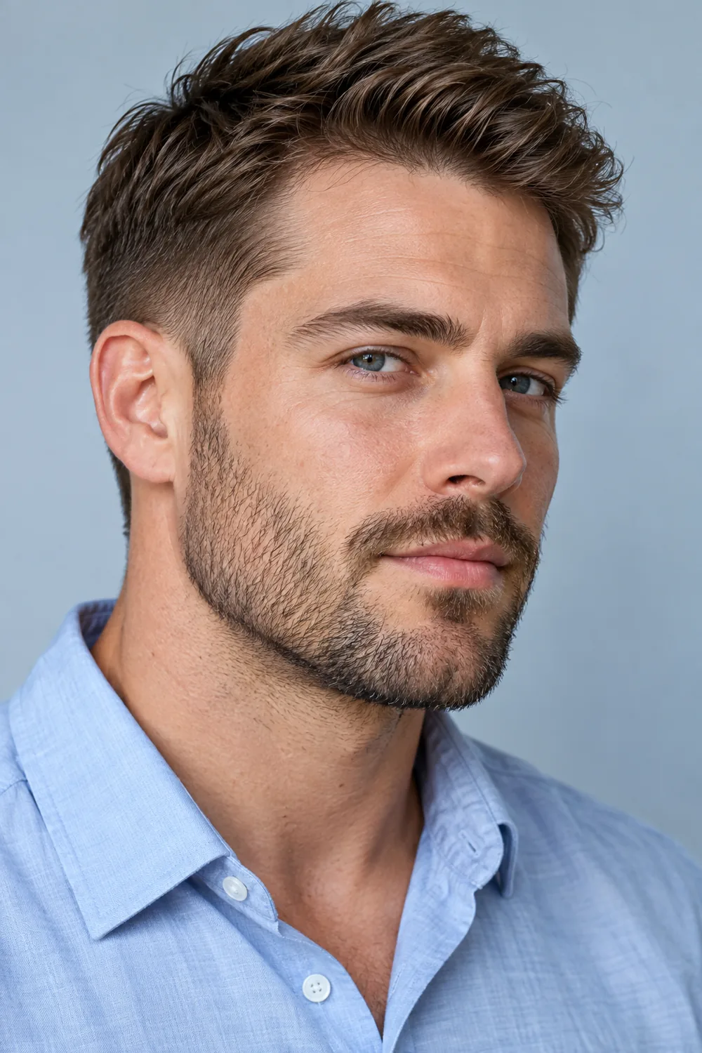 Three-quarter portrait of a fictional adult white man with dense short stubble, a crisp cheek line, connected trimmed mustache, and a gradual fade from short temple hair.
