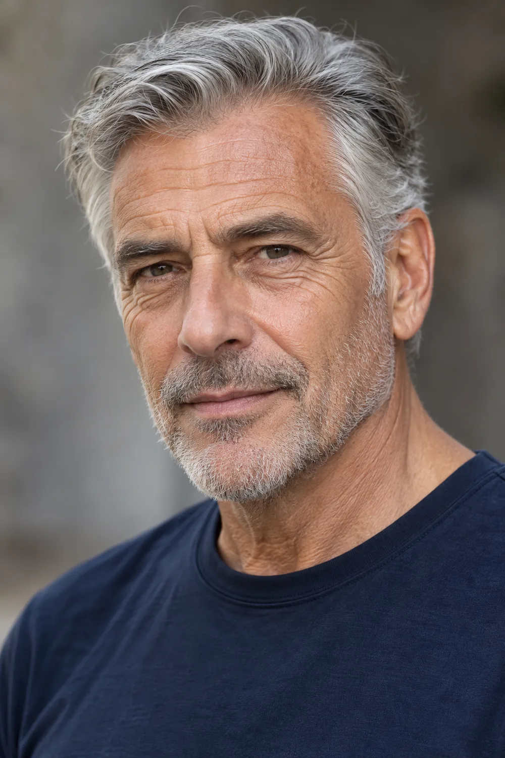 Three-quarter portrait of a fictional older man with very short salt-and-pepper stubble, a soft cheek line, pointed chin and connected mustache, wearing a navy shirt.