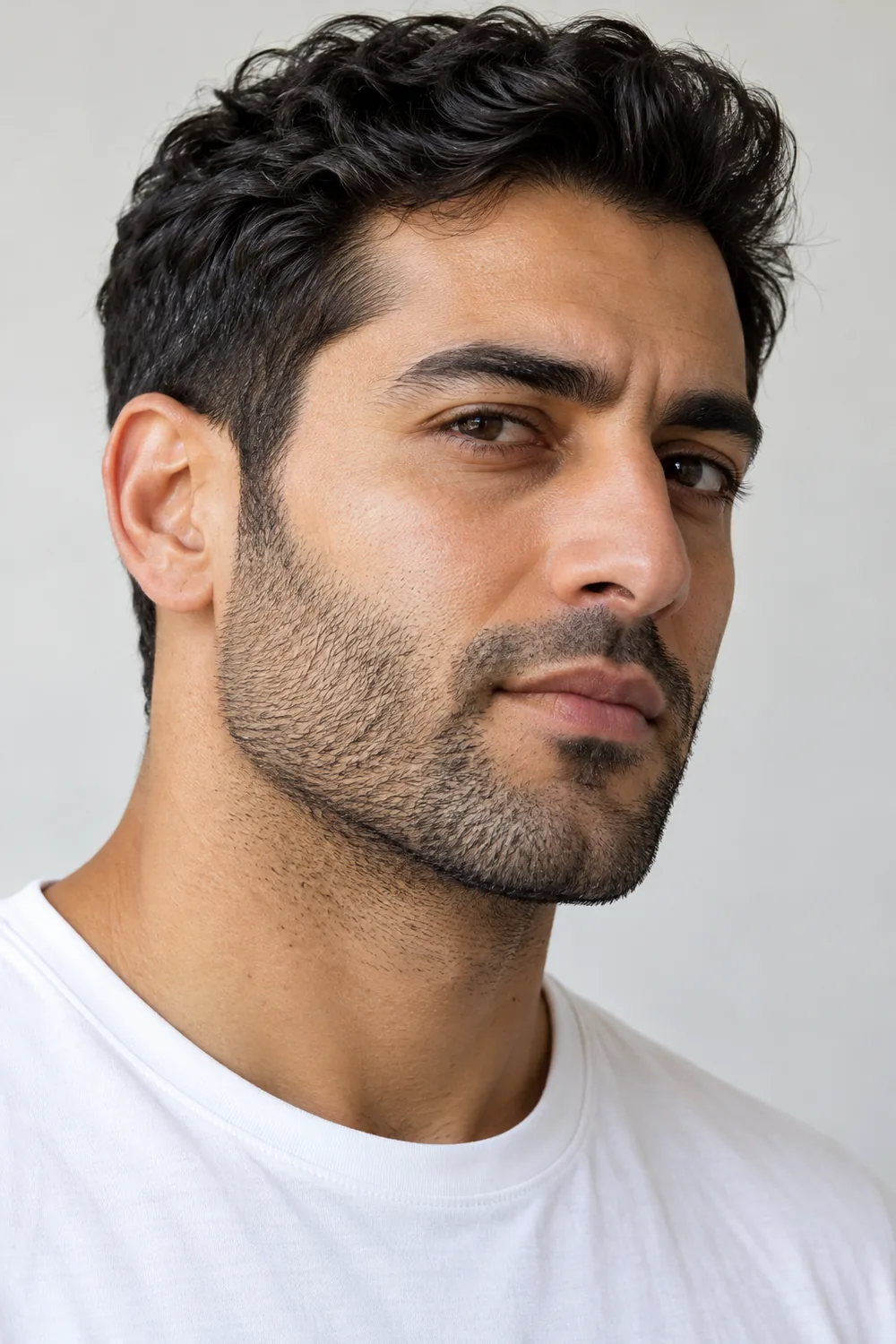 Adult man with coarse dark stubble, a narrow mustache, a darker soul patch and a rounded chin, wearing a white shirt.