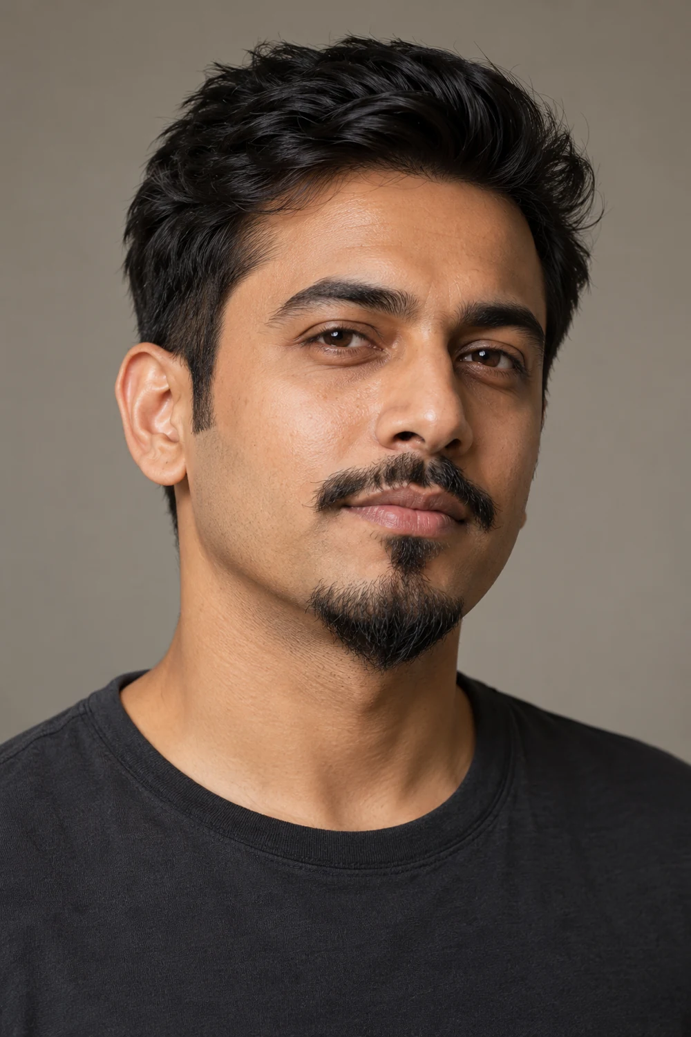 Three-quarter portrait of an adult South Asian man with clean-shaven cheeks, a pointed chin goatee, and a mustache separated by clear gaps.