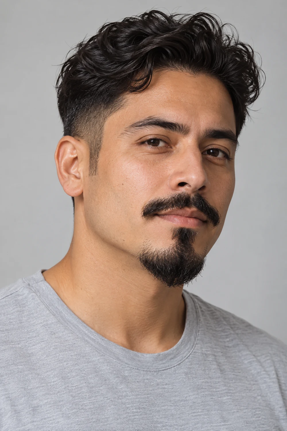 Adult man with a softly pointed Van Dyke and naturally edged disconnected mustache.
