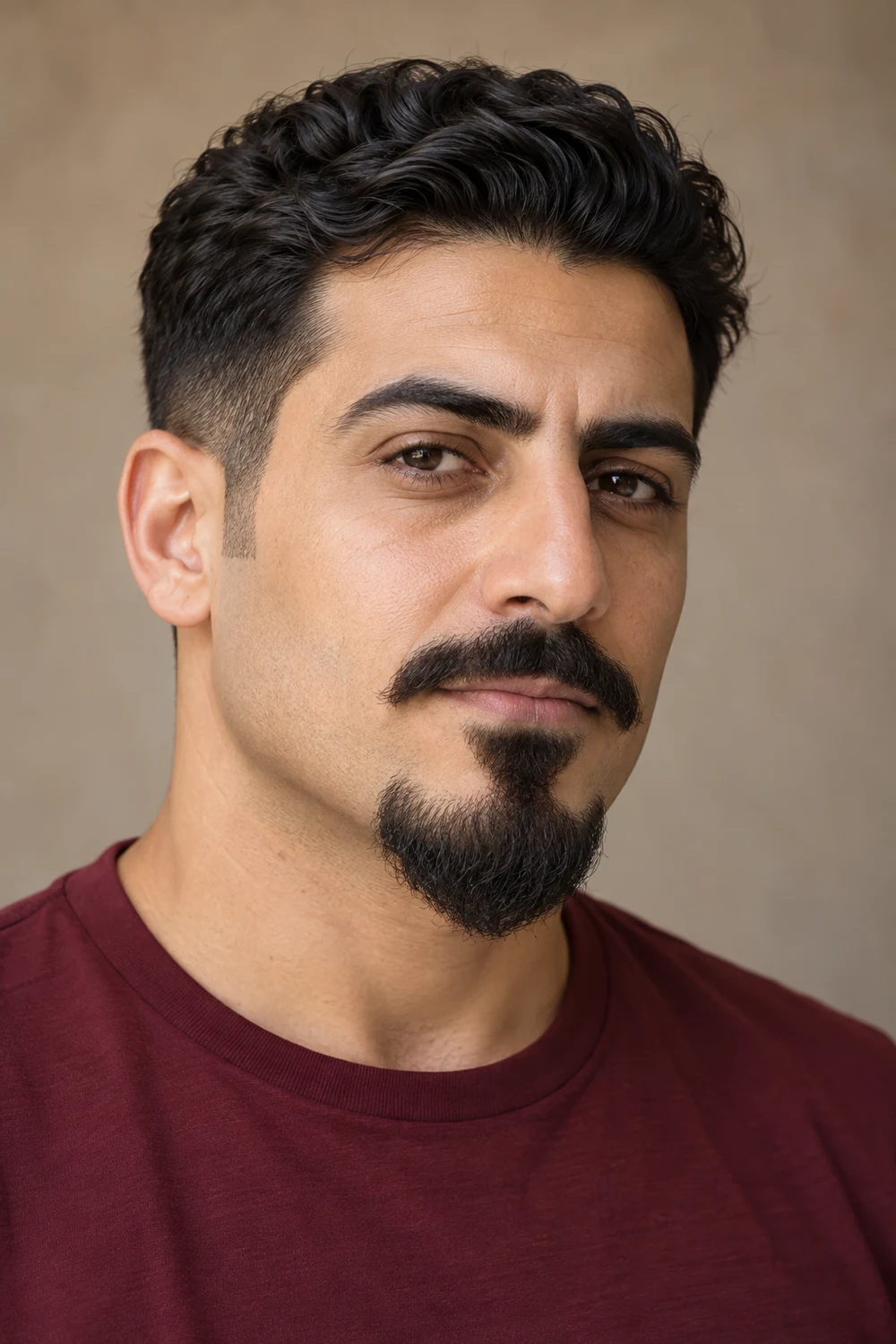 Three-quarter portrait of an adult man with a medium pointed chin beard, disconnected mustache, clean cheeks, and burgundy crew-neck shirt.