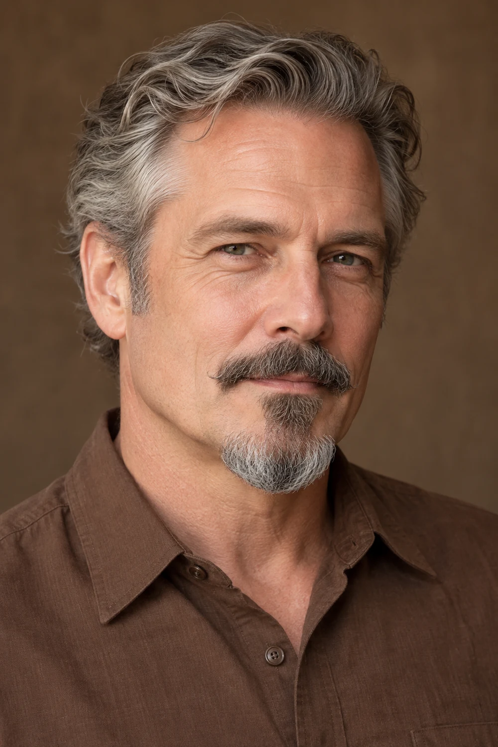 Fictional adult man with wavy salt-and-pepper hair wearing a rounded Van Dyke beard, disconnected mustache, and clean-shaven cheeks.