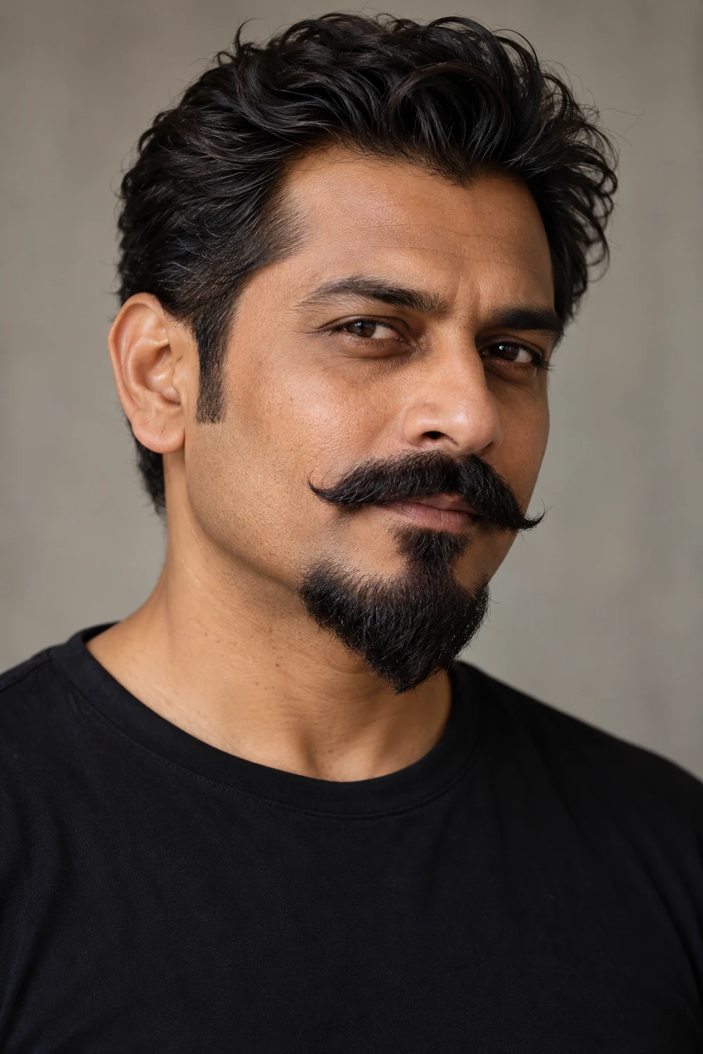 Three-quarter portrait of an adult South Asian man wearing a broad, gently upturned mustache disconnected from a modest pointed chin beard, with clean-shaven cheeks.