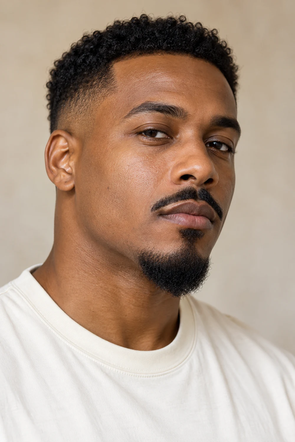 Adult Black man in a cream shirt with a narrow mustache disconnected from a compact pointed chin beard and clean-shaven cheeks.
