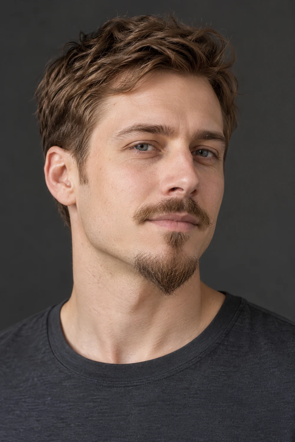 Three-quarter portrait of an adult man with fine brown hair, a light disconnected mustache, clean-shaven cheeks, and a short pointed chin beard.