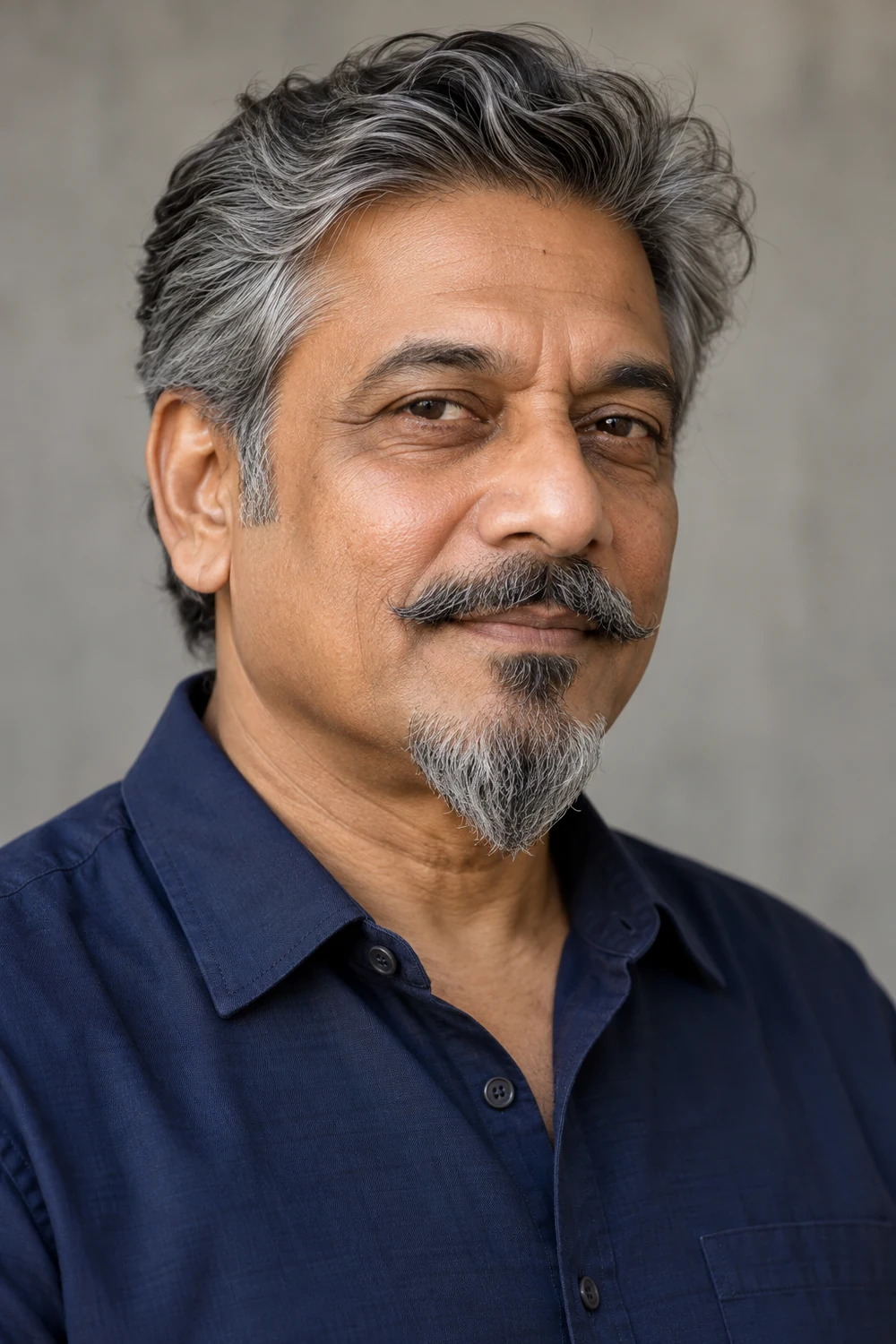 Mature South Asian man with a salt-and-pepper Van Dyke chin beard, disconnected mustache, and clean-shaven cheeks.