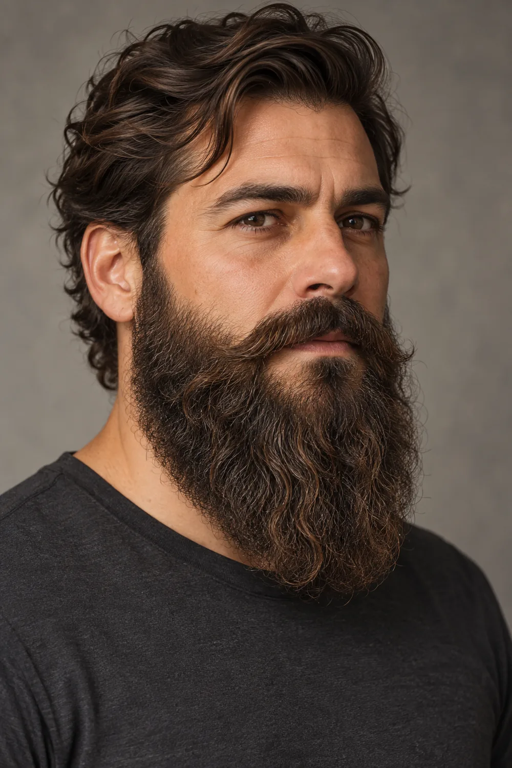 Three-quarter portrait of an adult man with a broad, wavy full beard, connected swept mustache, and dark crew-neck shirt.