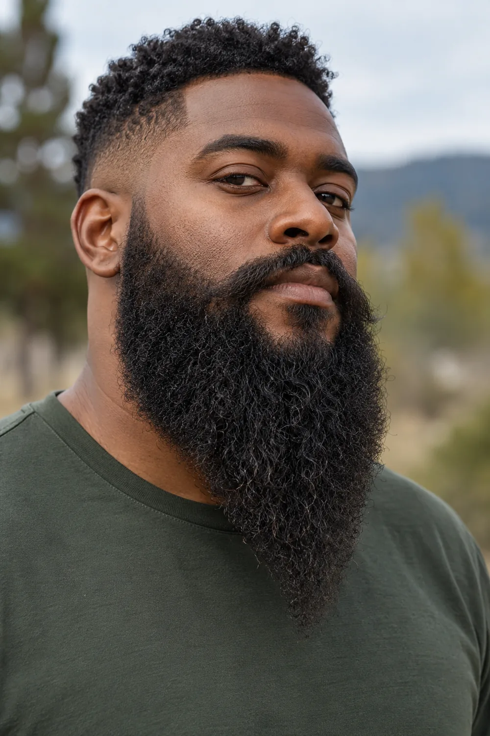Three-quarter portrait of an adult Black man with a long, dense, tightly coiled beard tapered to a pointed chin, a connected mustache, and a dark green crew-neck shirt.