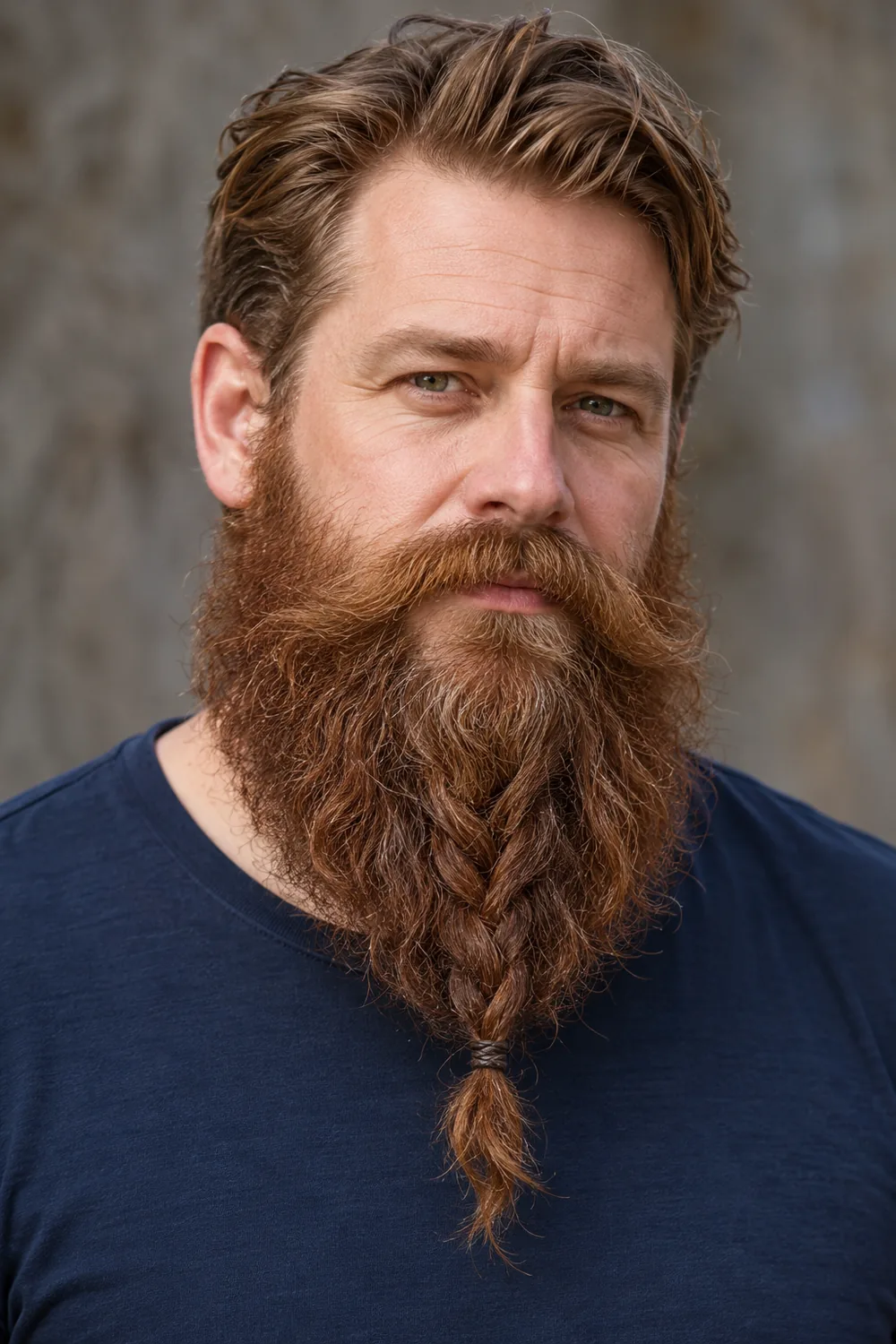 Adult man with a long, wavy auburn beard gathered into one central braid, wearing a navy crew-neck shirt.
