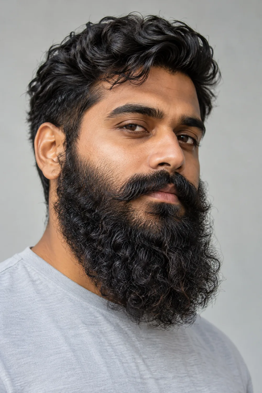 Three-quarter portrait of a South Asian man with a dense, curly black beard, low natural cheek line, full mustache, and rounded beard tip.