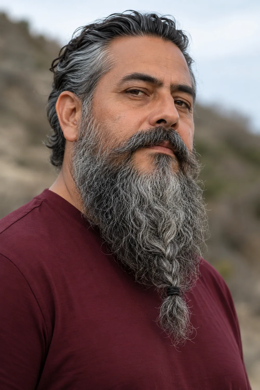 Fictional adult man with a long, coarse salt-and-pepper beard, broad rounded chin, and a simple braid near the tip, wearing a burgundy shirt.