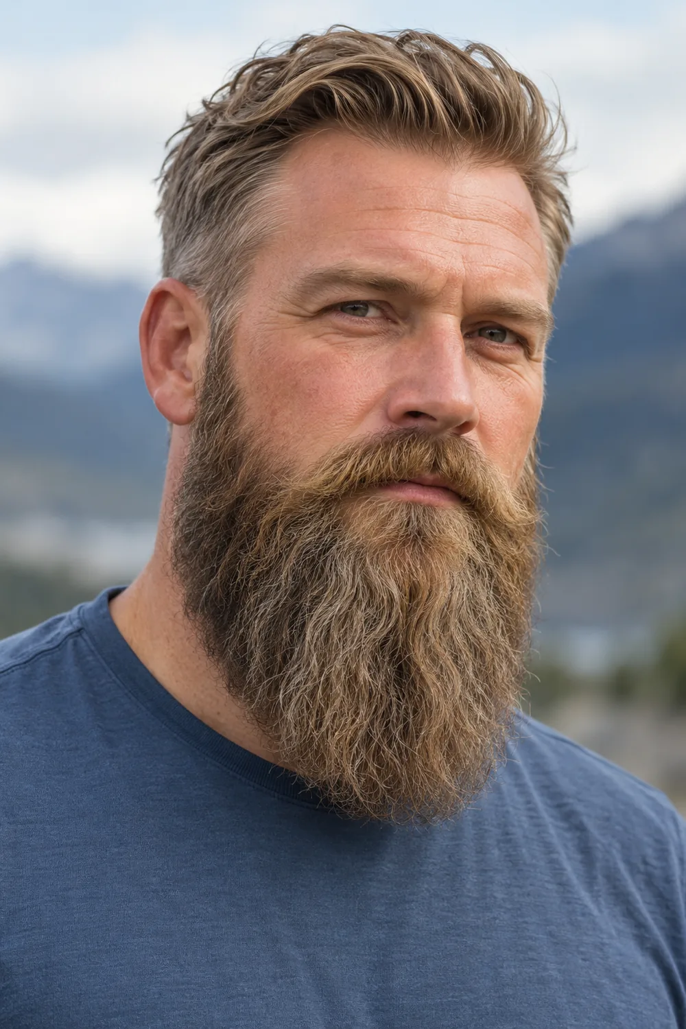 Three-quarter portrait of an adult man with a long, dense dark-blond beard shaped broad and squared at the jaw, wearing a slate-blue shirt.