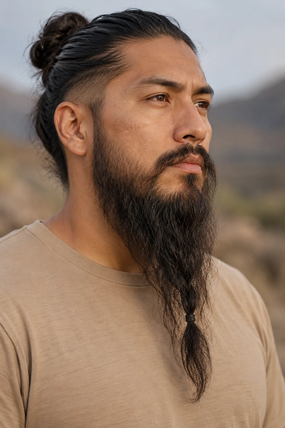 Three-quarter portrait of an adult man with a long, narrow dark beard gathered into a braid, wearing a tan crew-neck shirt.