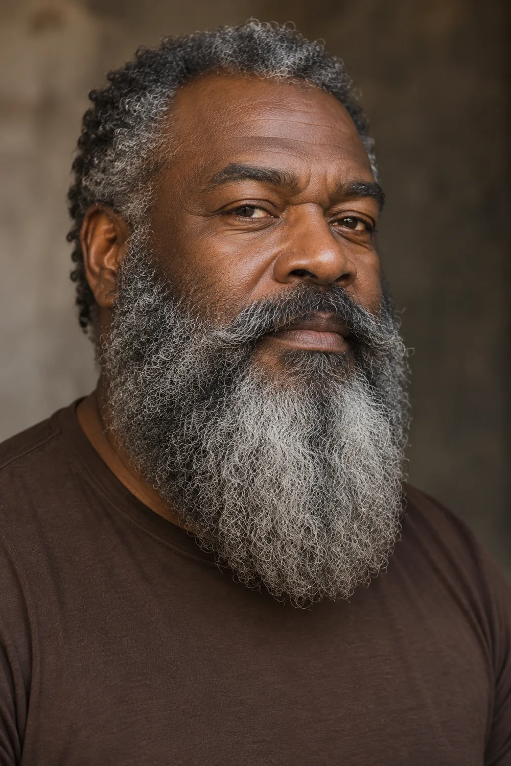 Three-quarter portrait of an adult Black man with a wide, dense salt-and-pepper beard, connected broad mustache and rounded full chin.