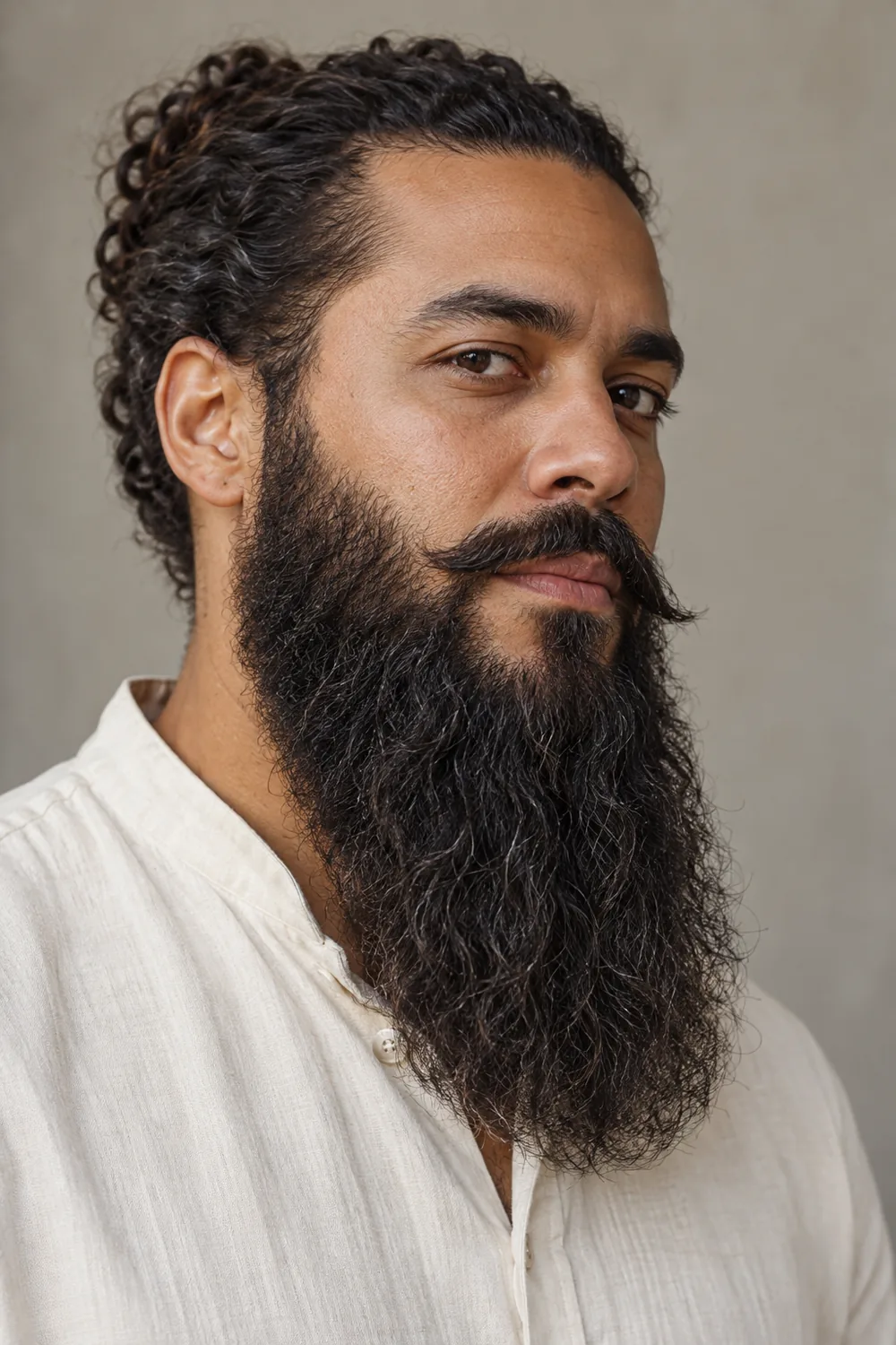 Long full beard paired with a distinct mustache separated by small shaved gaps at the corners.