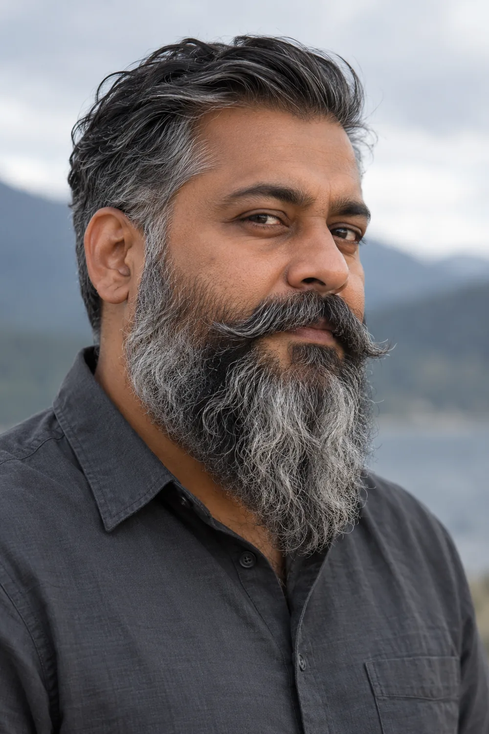 Three-quarter portrait of an adult South Asian man wearing a long, full salt-and-pepper beard with a rounded taper and a thick outward-swept mustache.