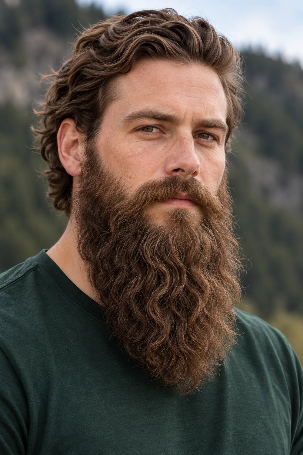 A freckled adult man in a forest-green shirt, shown in three-quarter view with a long, dense medium-brown wavy beard and connected mustache.