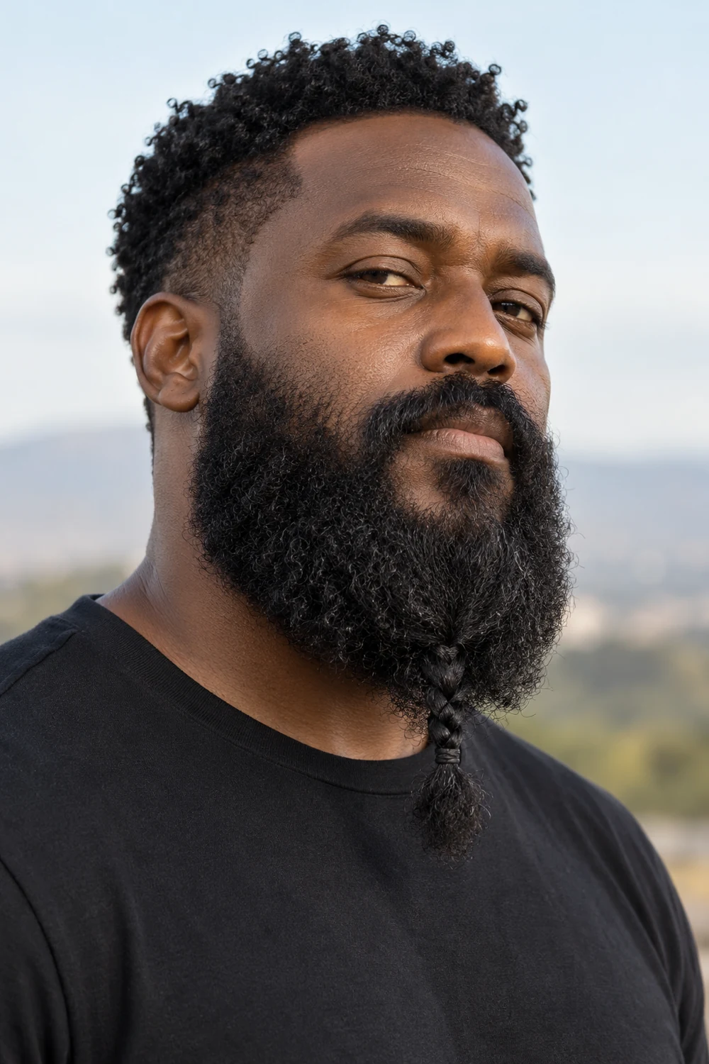 Three-quarter portrait of an adult man with a dense, rounded black beard and a short braid at the lower center, wearing a plain black shirt.
