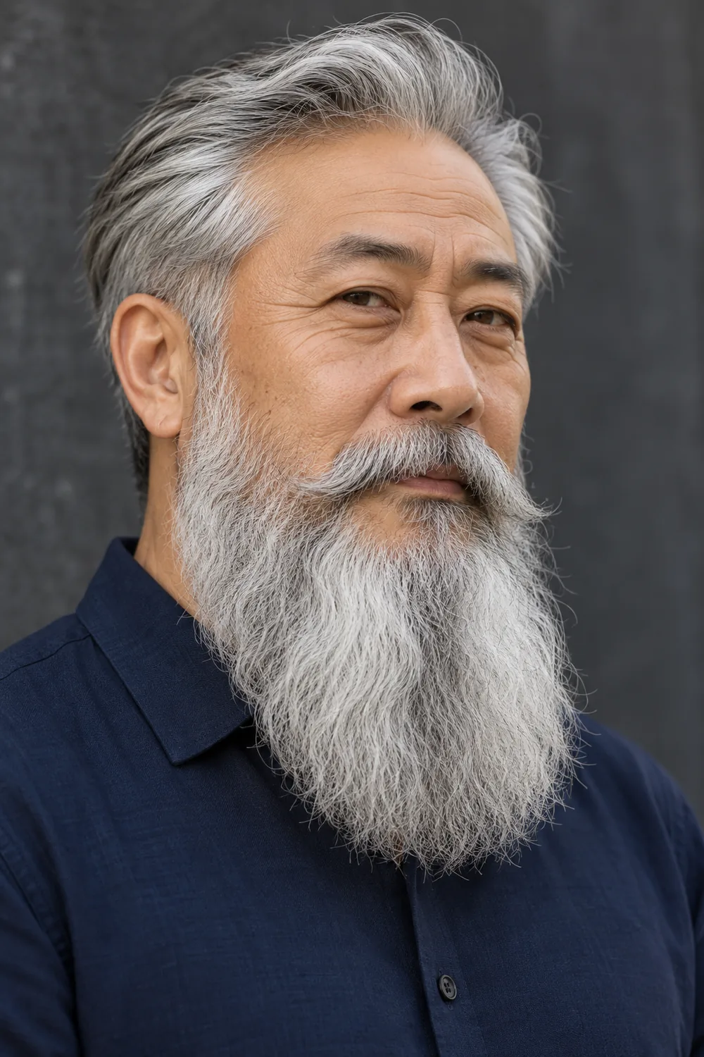 Three-quarter portrait of an older East Asian man with a long gray-white textured beard, gently tapered chin, connected swept mustache, and navy shirt.